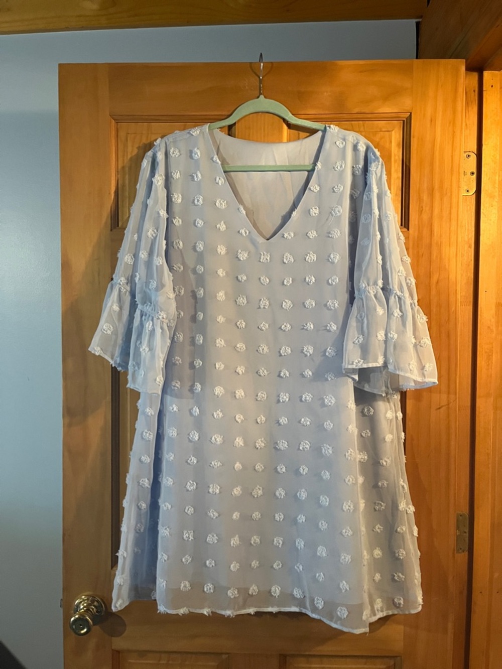 Light Blue Floral Clip-Embellished V-Neck Dress